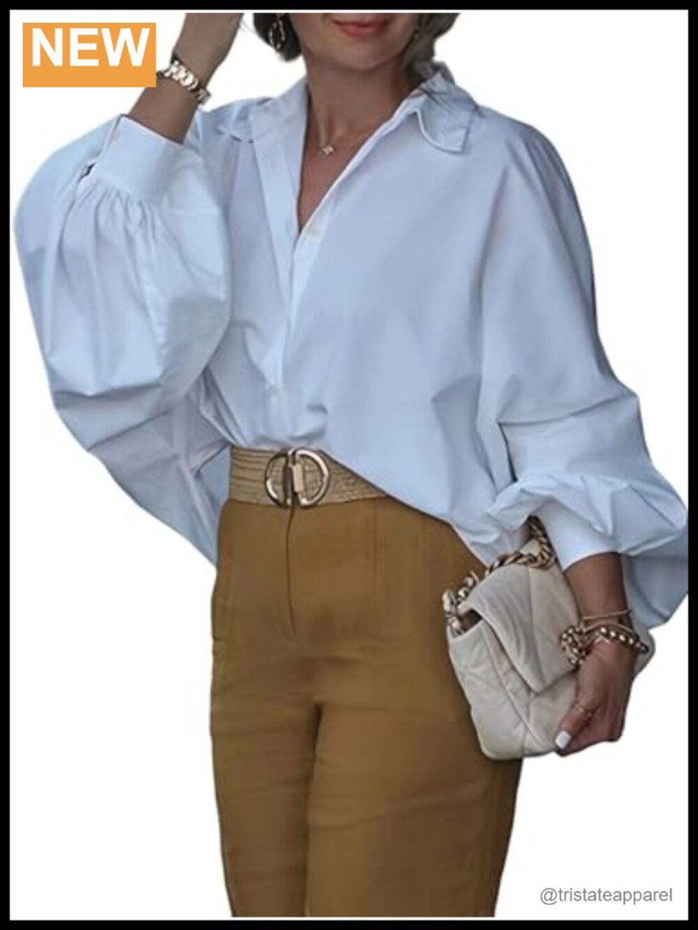 Women's Cotton Long Sleeve Button Down Blouse Loose Fit Lantern Sleeve Office